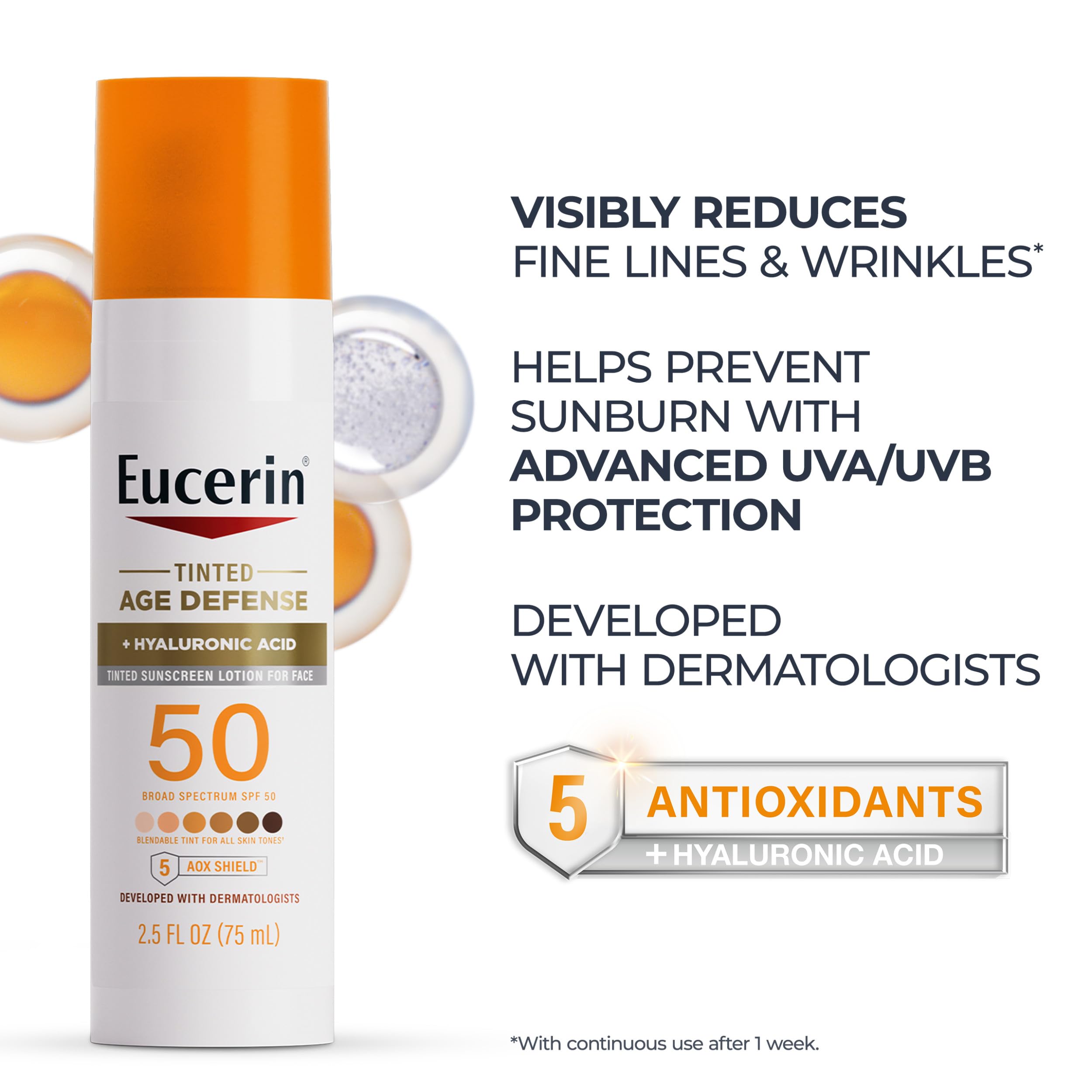 Eucerin Sun Age Defense Tinted Face Lotion SPF 50, 2.5 FL OZ | Universal Tinted Sunscreen for Face with Hyaluronic Acid, Non Comedogenic Facial Lotion, Fragrance Free
