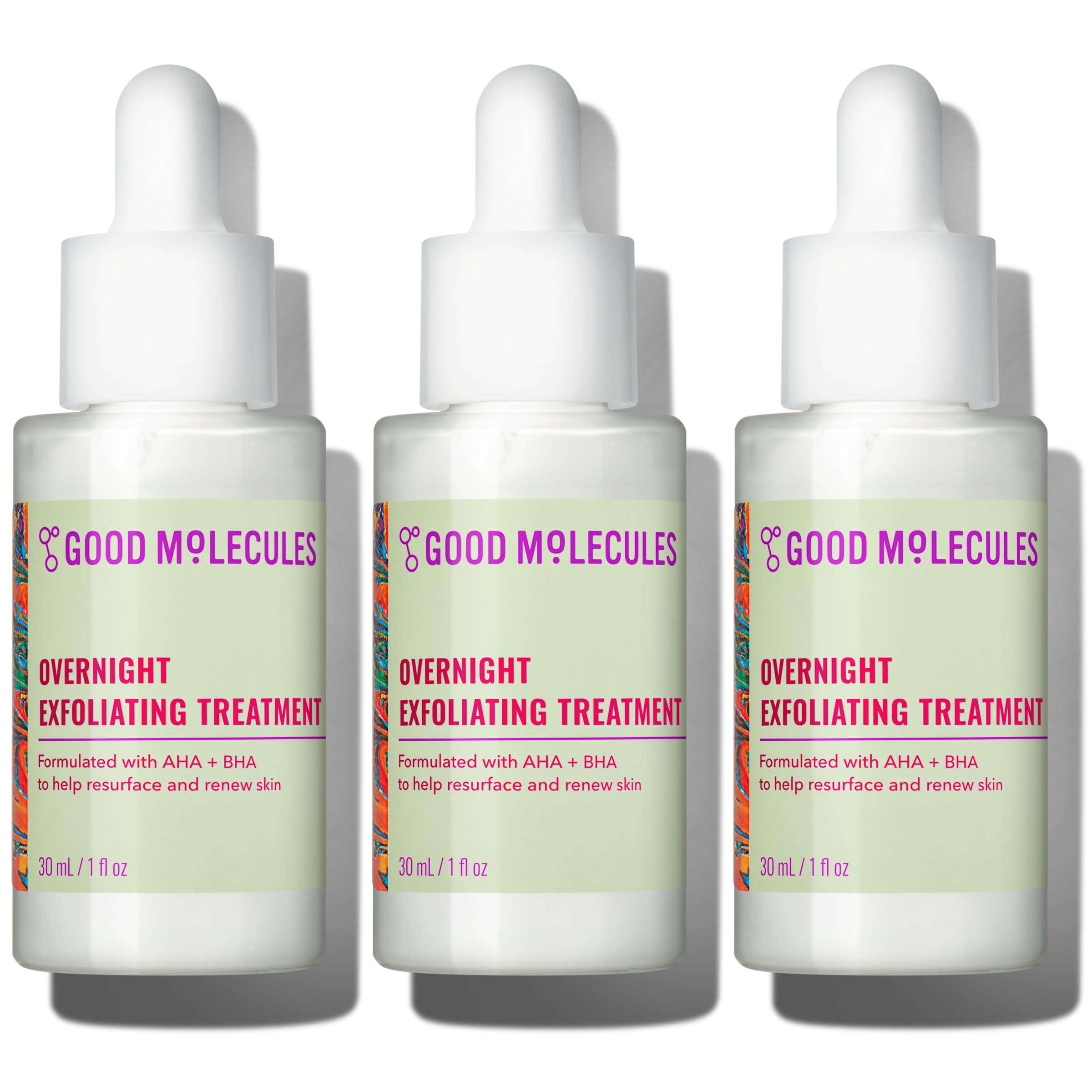 Good Molecules Overnight Exfoliating Treatment, AHA BHA, Pack of 3 | Resurfaces and renews the look of skin overnight with AHA and BHA. Use up to 3 nights a week with daytime SPF.