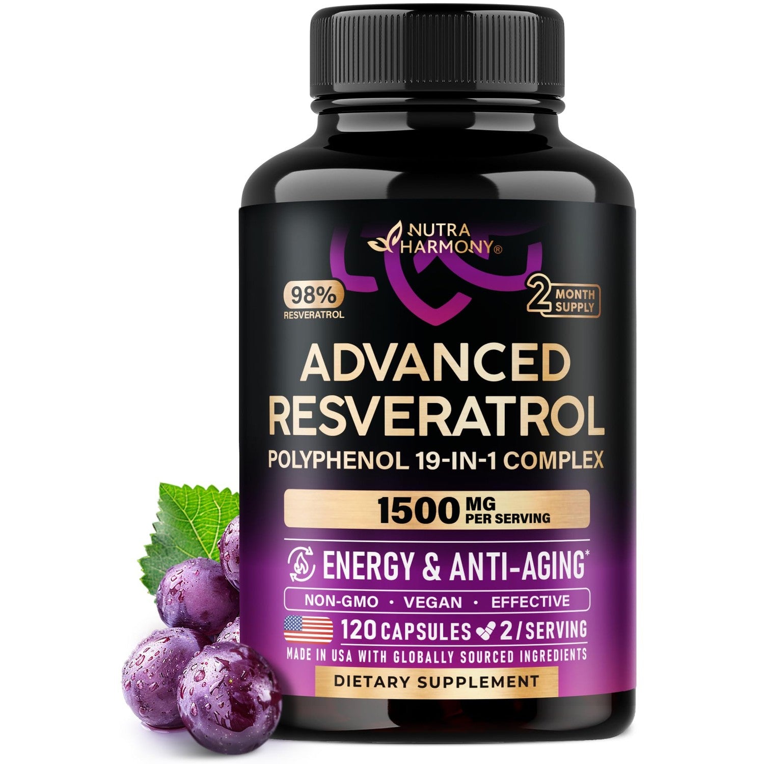 Resveratrol + Berberine, Quercetin, ACV, Acai & Noni Supplement - 120 Caps | 19in1 Organic Polyphenol Resveratrol Supplement - Antioxidant & Heart Health Support - Energy & Anti-Aging - Vegan, NON-GMO