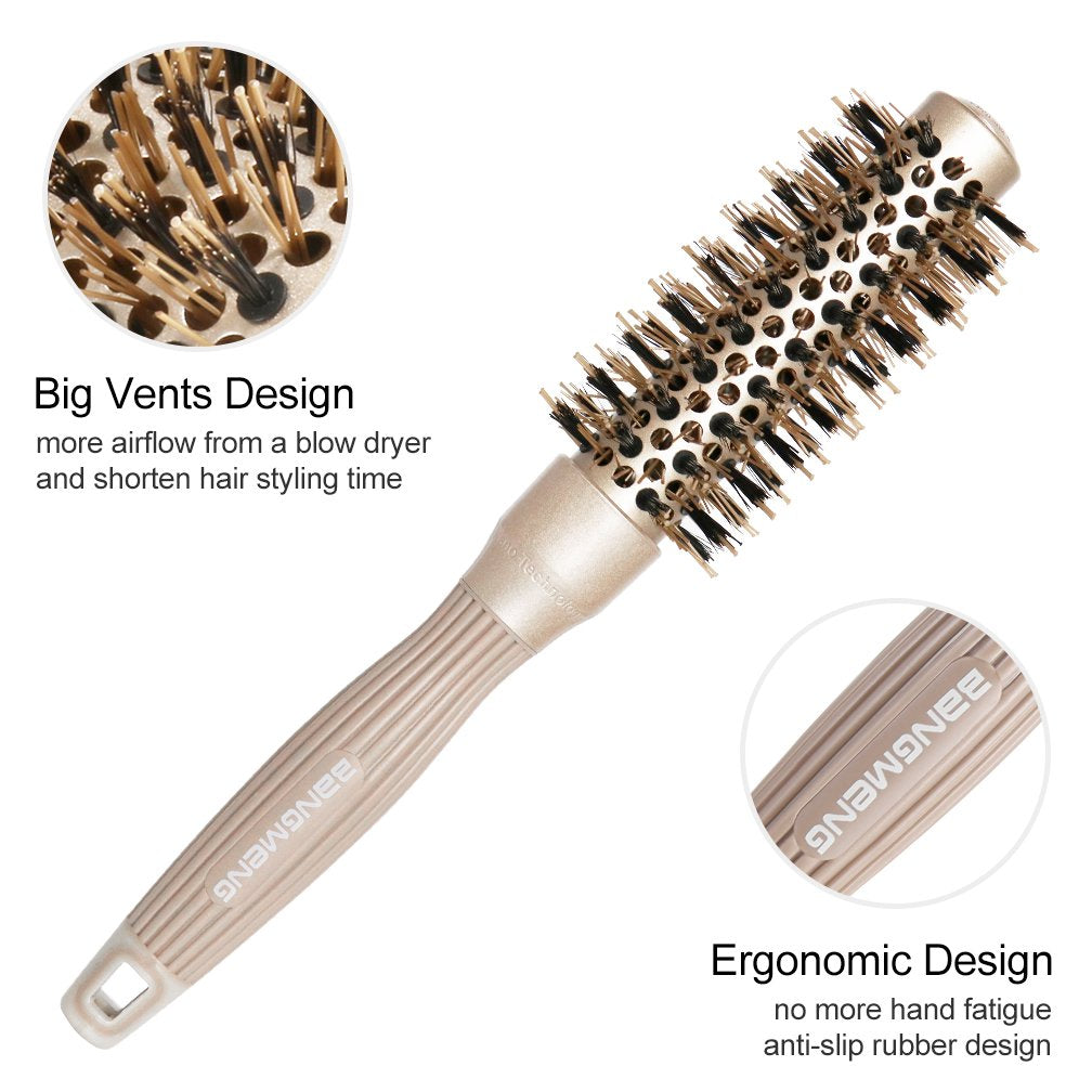 BANGMENG Round Brush with Boar Bristles, 1 inch Barrel, Nano Thermal Ceramic Ionic Tech for Straightening and Blow Drying, Gold
