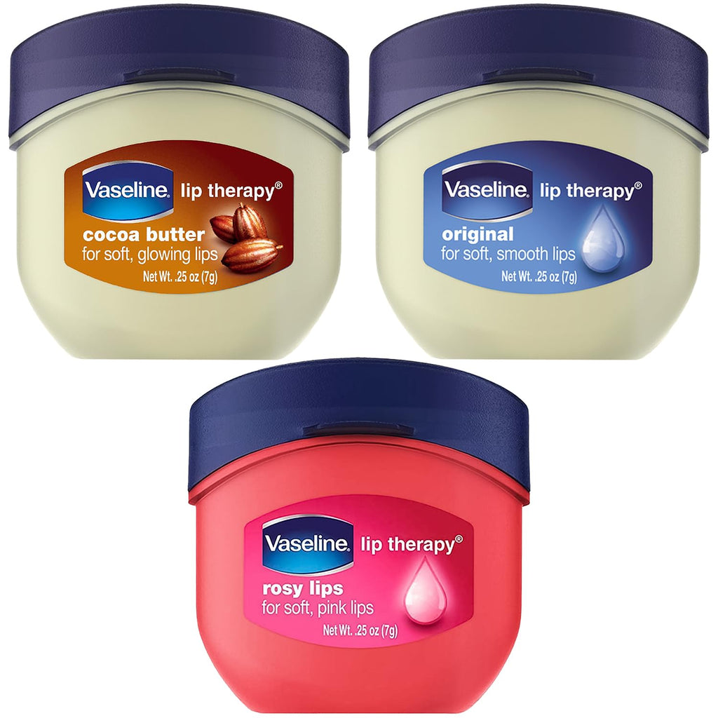 Buy now Vaseline Lip Therapy Variety 3-Pack â€“ CrÃ¨me BrÃ»lÃ©e, Rosy Lips, Cocoa Butter Mini Lip Balms for Soft, Glowing, and Deliciously Kissable Lips, 0.25 Oz Ea at indiglob india