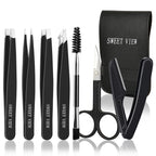 SWEET VIEW 7PCS Tweezers Kit for Women Facial Hair & Brow | Plucker with Eyebrow Scissors & Razor & Spoolie for Chin, Splinter and Ingrown Hair
