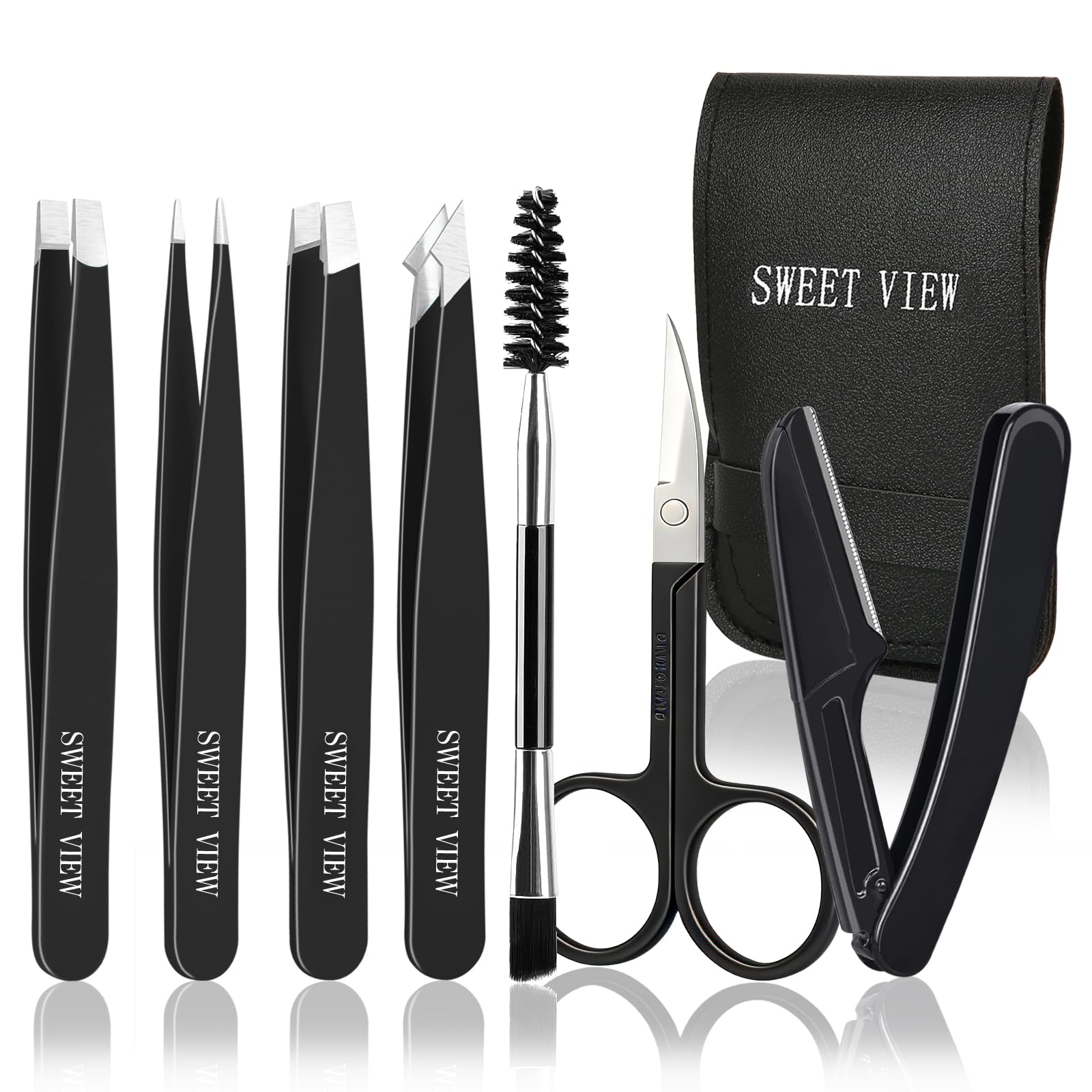 SWEET VIEW 7PCS Tweezers Kit for Women Facial Hair & Brow | Plucker with Eyebrow Scissors & Razor & Spoolie for Chin, Splinter and Ingrown Hair