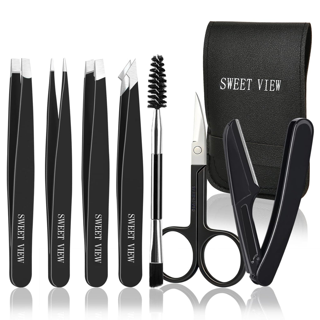 SWEET VIEW 7PCS Tweezers Kit for Women Facial Hair & Brow | Plucker with Eyebrow Scissors & Razor & Spoolie for Chin, Splinter and Ingrown Hair