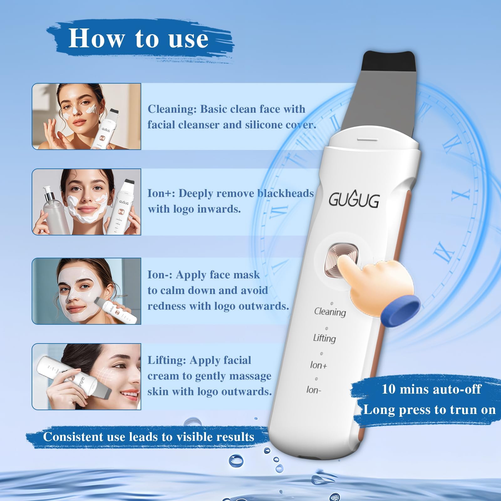 GUGUG Waterproof Skin Scrubber 4-in-1 Facial Spatula Pore Cleaner for Face | Blackhead remover with 4 modes,rounded stainless steel head,10-minute auto-off,Type-C charging and 2 silicone attachments.