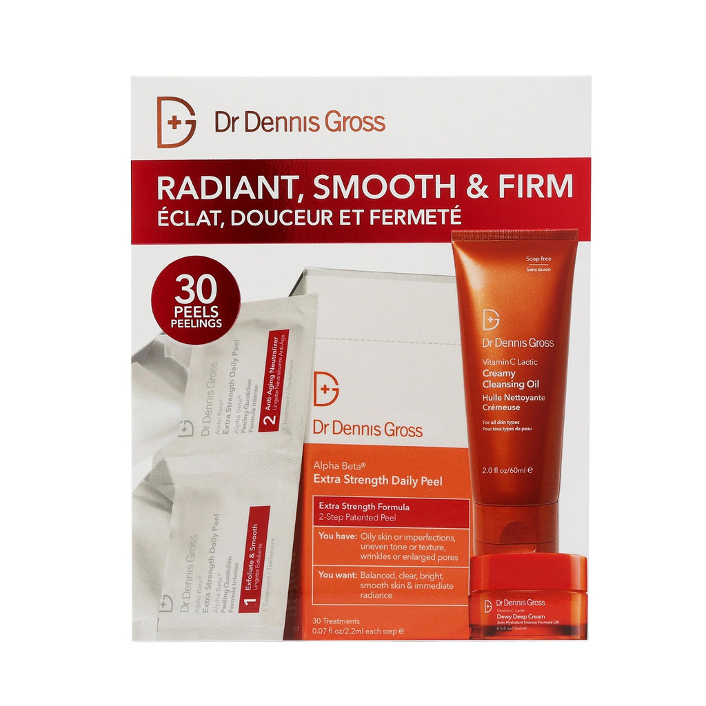 Dr Dennis Gross Extra Strength Radiant, Smooth & Firm Skincare Kit | Dermatologist Developed - Full-Size Alpha Beta Peel, Travel-Size Vitamin C Lactic Dewy Deep Cream & Creamy Cleanser