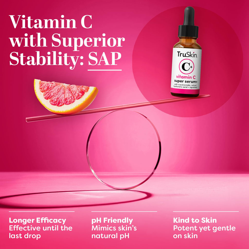 TruSkin Vitamin C Super Serum for Face, 5 Skin Benefits, 2 fl oz | Vitamin C, Retinol, Niacinamide, Hyaluronic Acid and Squalane to brighten, firm, smooth, hydrate, and refine skin