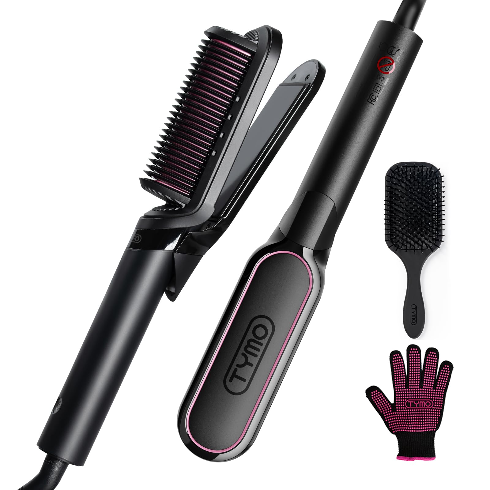 TYMO Flat Iron Hair Straightener Brush 2 in 1, 200M Ions Ceramic Hot Comb | Hair Straighteners for Women, Hair Iron for Anti-Frizz Straights, Waves, Curl, 3X Less Heat Damage, Dual Voltage, Black