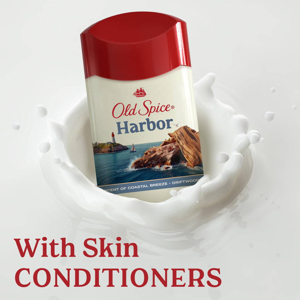 Old Spice Harbor Antiperspirant with coastal breeze scent, enriched with skin conditioners for ultimate freshness.