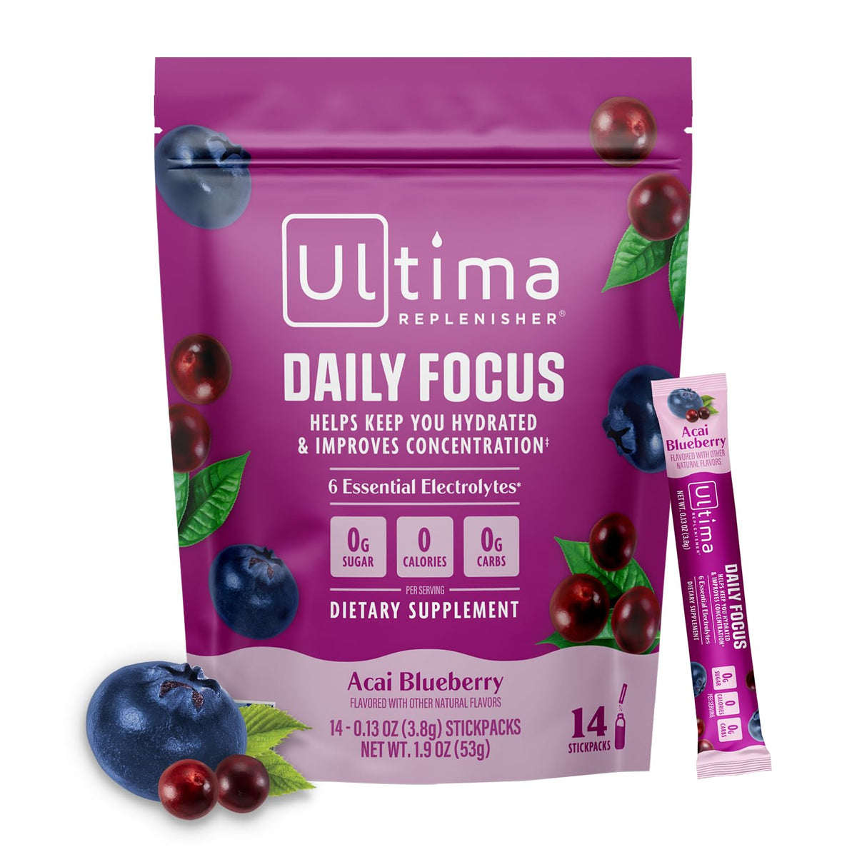 Ultima Replenisher Daily Focus Supplement, Acai Blueberry, 14 Stickpacks