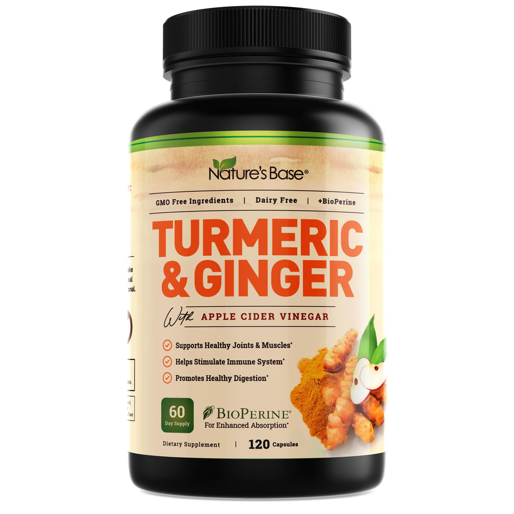 Nature's Base Turmeric and Ginger Supplement with Curcumin, ACV & BioPerine | Joint & Digestive Support, 95% Curcuminoids, Apple Cider Vinegar, Black Pepper Extract for Enhanced Absorption, 240 Capsules