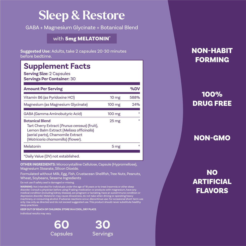 Natrol Sleep & Restore Magnesium and 5mg Melatonin Sleep Aid, 60 Capsules | Nighttime Sleep-Aid, Support Relaxation, Calm Magnesium Glycinate, with GABA, Botanical Blend, 100% Drug-Free, 30 Day Supply