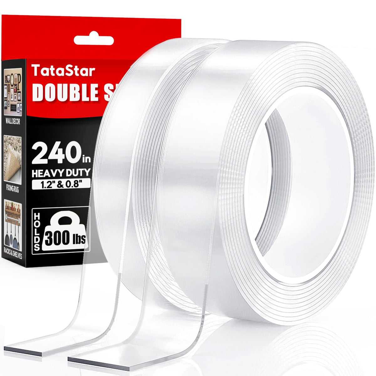 Double Sided Tape Heavy Duty, 2 Rolls, 240" Nano Tape for Wall Mounting
