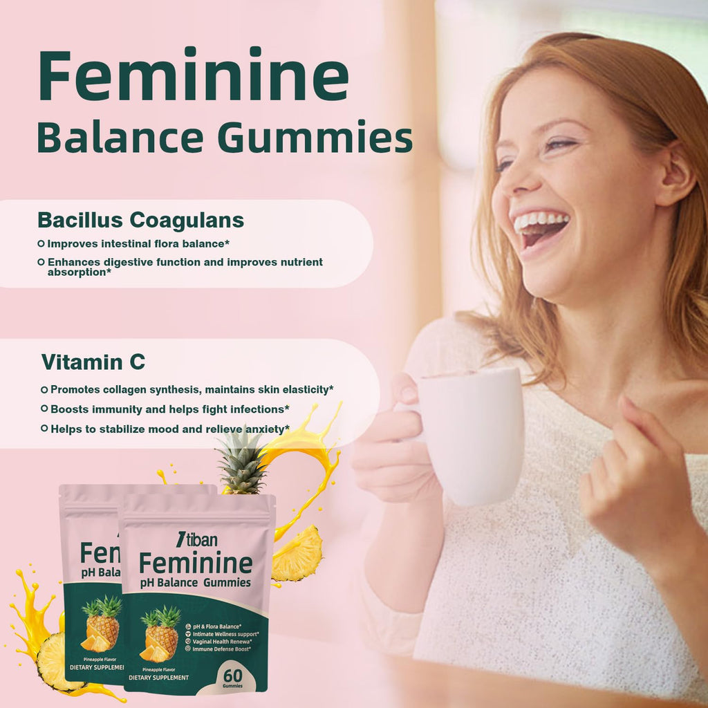 Women Gummies for pH Balance, Premium Feminine Vaginal Health Probiotics Her Gummy, Immune Support, Vegan, Gluten-Free, Pineapple Flavour 60 Gummies 30 Servings