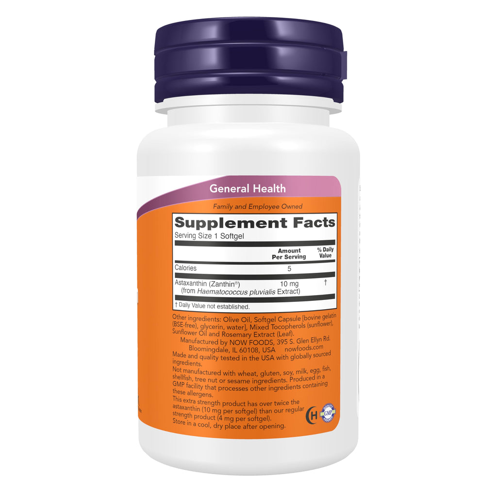 Now Foods Supplements, Astaxanthin 10mg, Extra Strength,derived from Non-GMO Haematococcus Pluvialis Microalgae and has Naturally Occurring Lutein, Canthaxanthin and Beta-Carotene, 30 Softgels