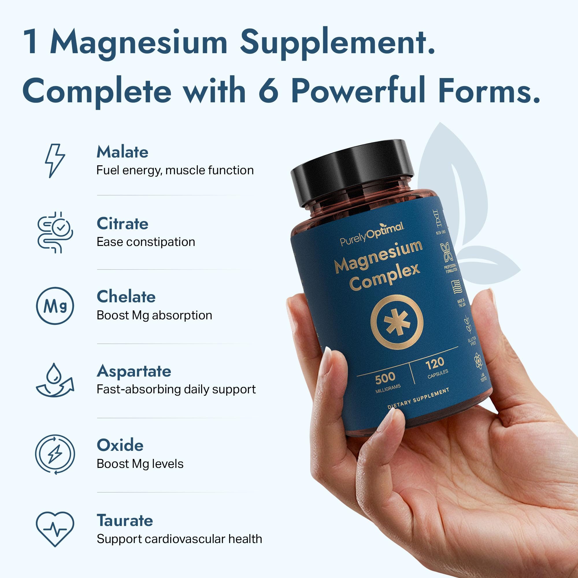 Purely Optimal Magnesium Complex - 6 Forms Magnesium Glycinate, Citrate & Malate - Sleep Support, Stress Relief, Muscles, Heart Health & Relaxation - Magnesium Supplement for Women & Men, 120 Caps