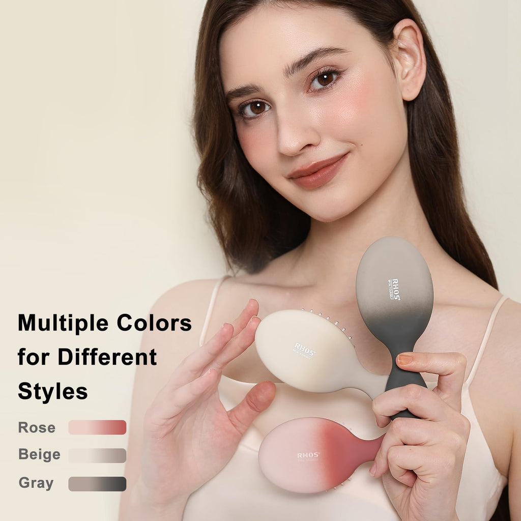 Discover the RHOS Folding Brush with Mirror, offered in rose, beige, and gray, ideal for on-the-go beauty. Premium quality.
