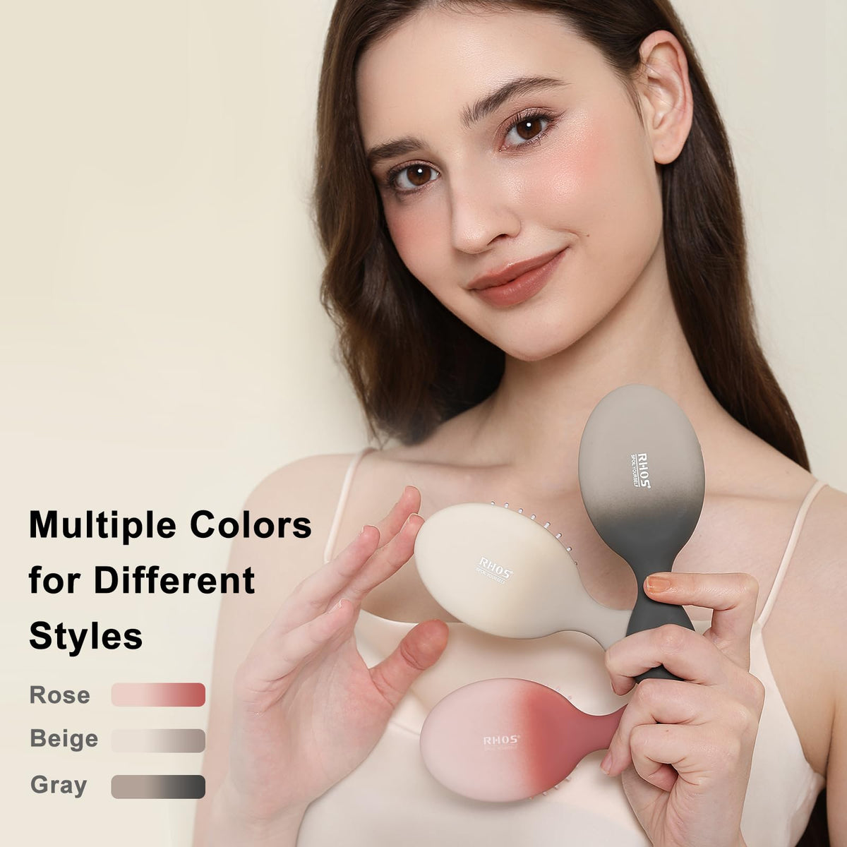 Discover the RHOS Folding Brush with Mirror, offered in rose, beige, and gray, ideal for on-the-go beauty. Premium quality.