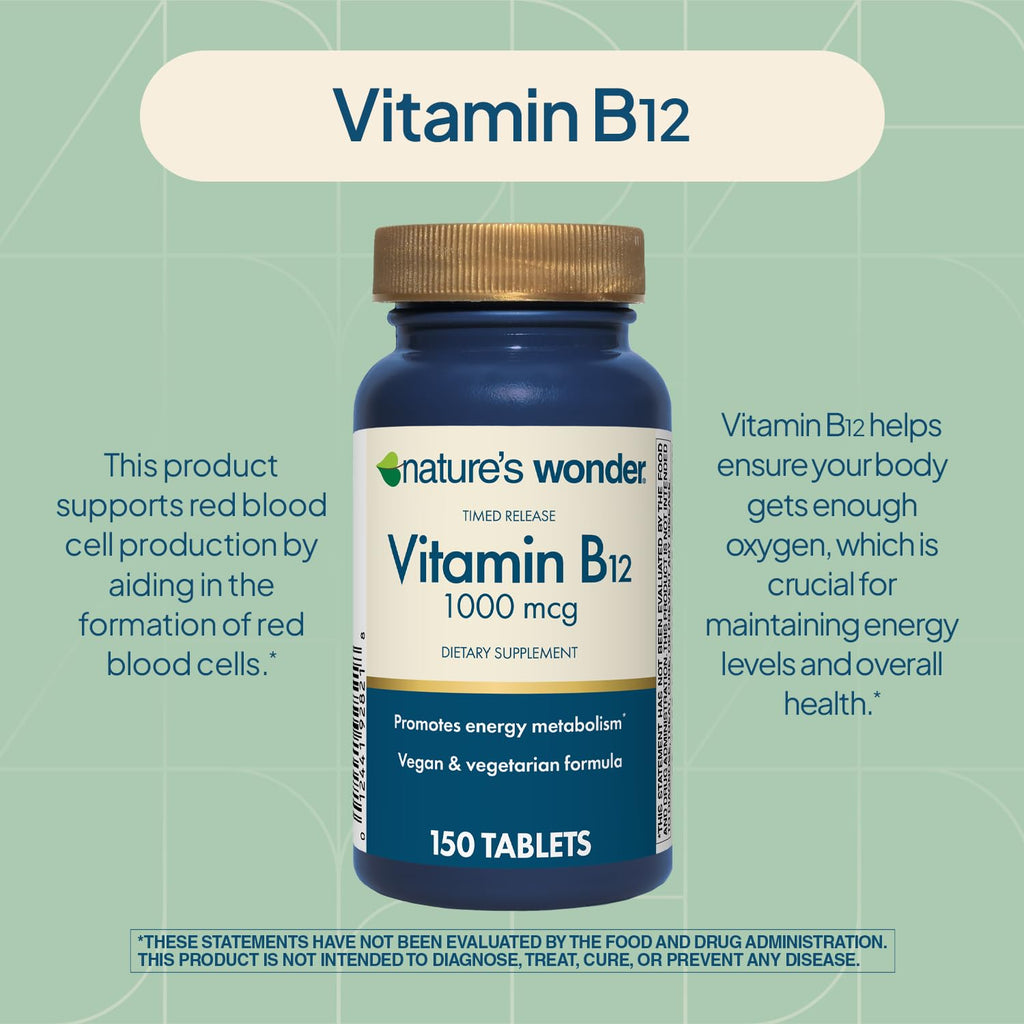 Nature's Wonder Vitamin B12 1000mcg Timed Release Steady Energy 150Tablets | Supports Red Blood Cell Production, Energy Metabolism, Brain & Nervous System Health for Women & Men, Gluten-Free, 150 Days