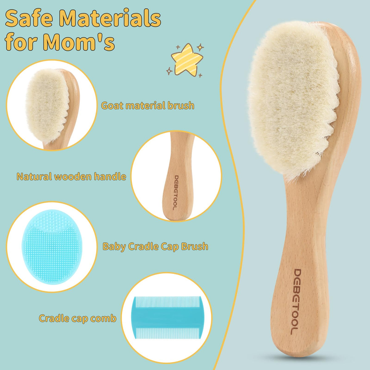 DEBETOOL 3-Piece Cradle Cap Brush Set with Comb & Baby Hair Brush