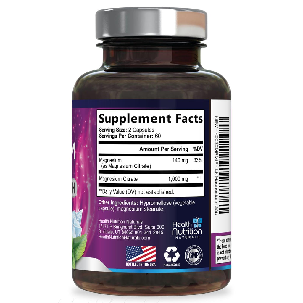 Magnesium Citrate 1000mg Per Serving - Max Absorption Magnesium Powder Capsules for Muscle, Nerve and Heart Health Support, High Absorption Citrate Complex, Gluten Free, Non-GMO - 120 Capsules