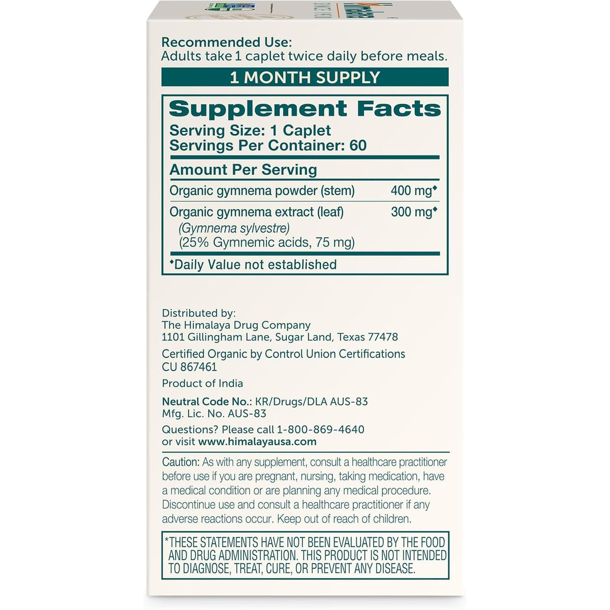 Himalaya USDA Organic Gymnema Sylvestre Extract 700mg,Gymnema Sylvestre Supplements,Herbal Glucose Metabolism Support,Gymnema Sylvestre Capsules,Non-GMO, Vegan, Gluten Free,Additive Free,120 Caplets