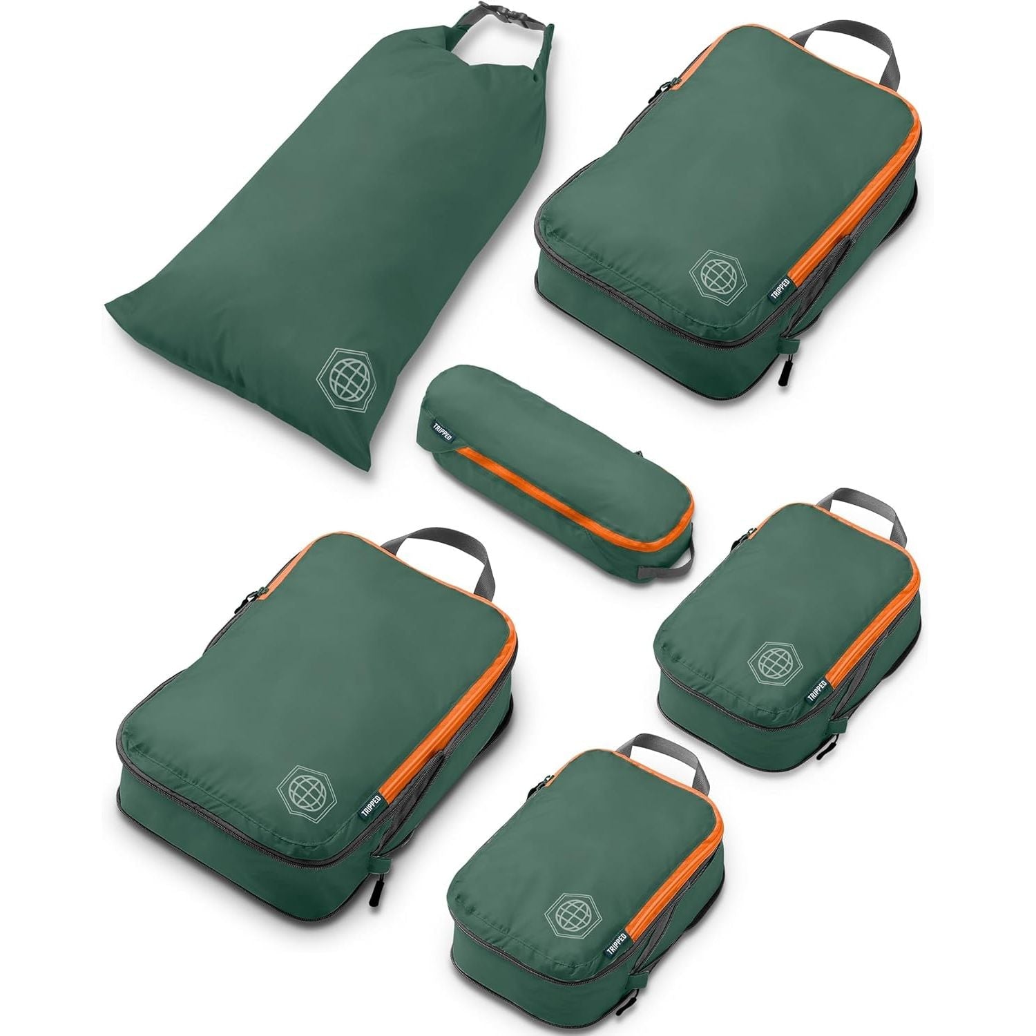 Buy now Compression Packing Cubes Set for Travel - Lightweight, Durable Clothes Organizer for Carry-On Luggage and Suitcases by TRIPPED Travel Gear 6 Piece Green and Orange at indiglob india