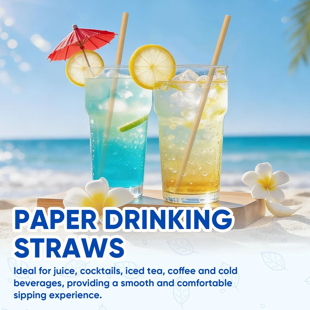 [300 Pack] Brown Paper Straws 7.75" Compostable Drinking Straws Disposable