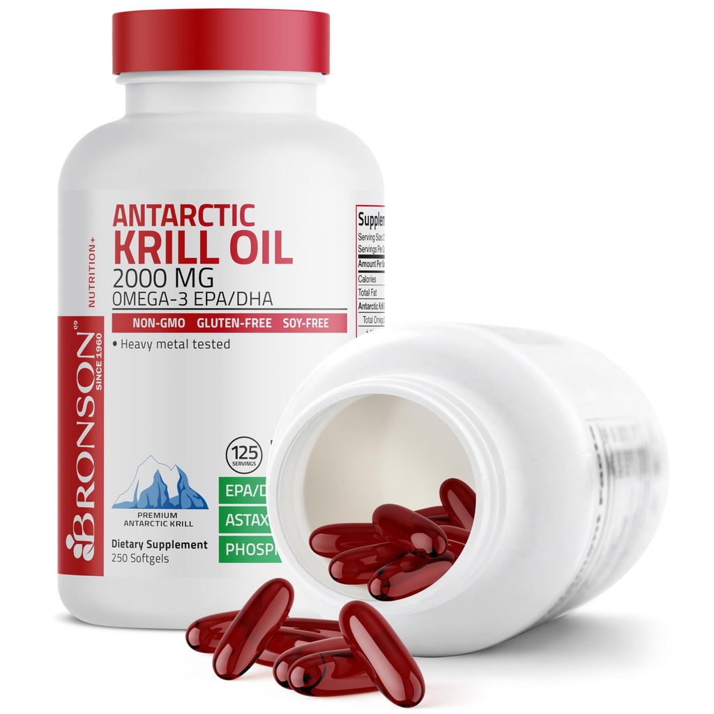 Bronson Antarctic Krill Oil 2000 mg with Omega-3s, 250 Softgels | Heavy Metal Tested, with EPA, DHA, Astaxanthin and Phospholipids, Non-GMO, Gluten Free, Soy Free