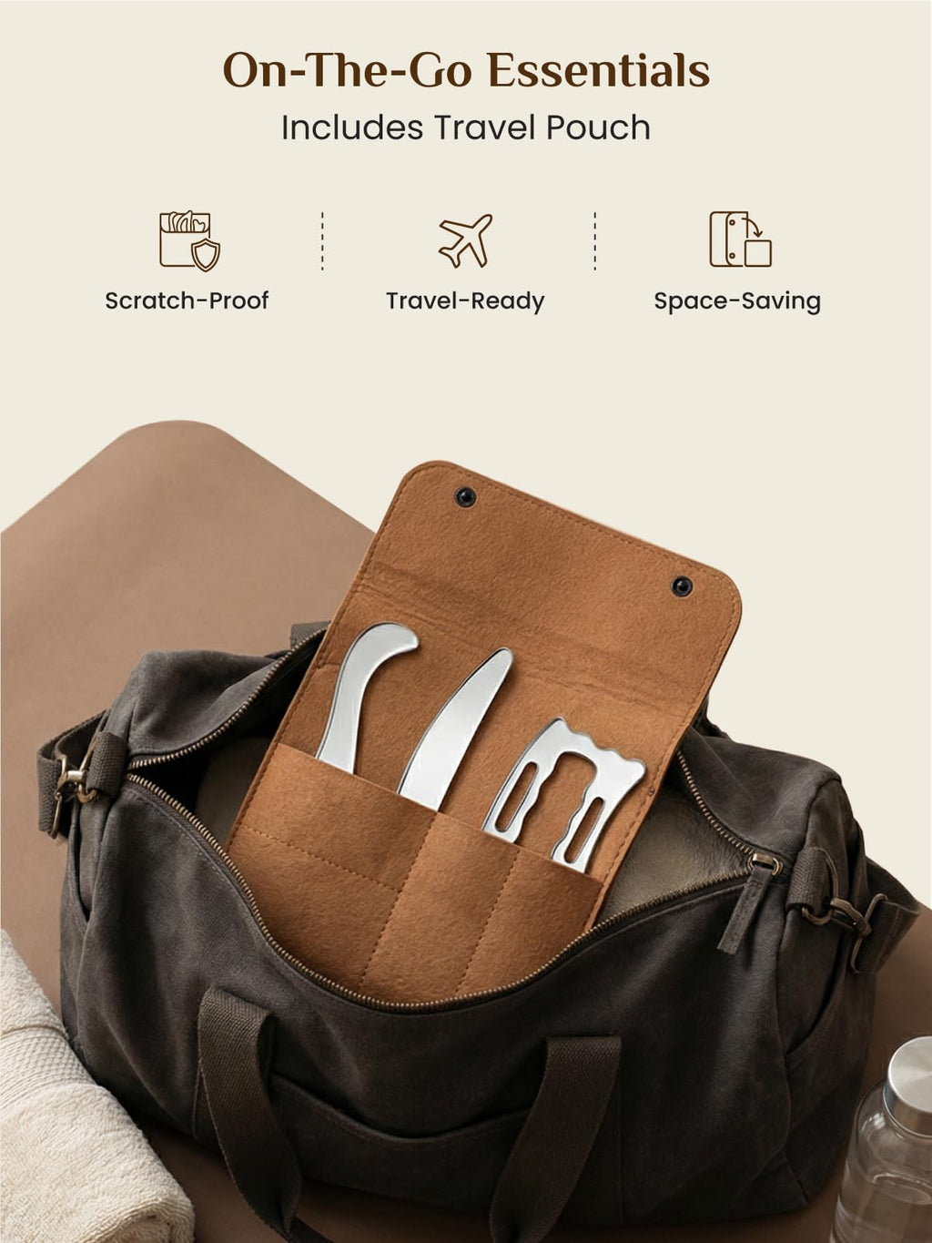 Rena Chris Muscle Scraper Tool Set, Stainless Steel Body Gua Sha for Physical Therapy, Deep Tissue Massage & Lymphatic Drainage, Travel Pouch & Guide Included (3-Piece Kit)