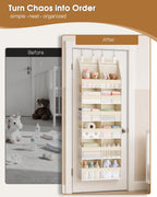 Criusia Over the Door Organizer, Extra Large 12 Compartments Closet Hanging Storage with 14 Mesh Pockets, 85lbs Capacity Behind the Door Storage for Baby Nursery, Bathroom, Bedroom, and Dorm, Beige