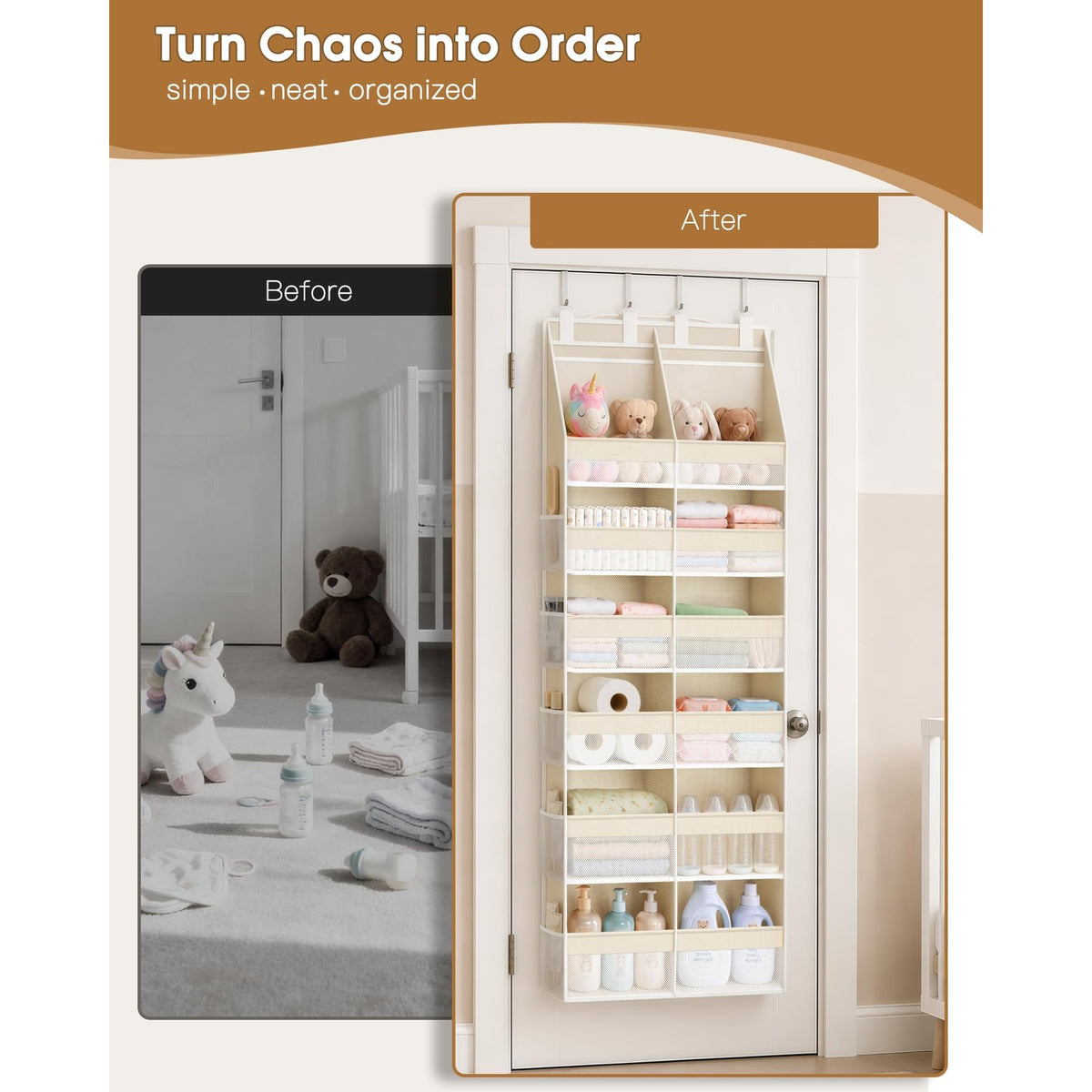 Criusia Over the Door Organizer, Extra Large 12 Compartments Closet Hanging Storage with 14 Mesh Pockets, 85lbs Capacity Behind the Door Storage for Baby Nursery, Bathroom, Bedroom, and Dorm, Beige