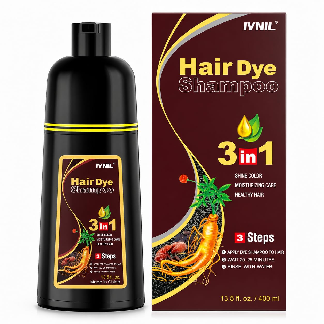 Ivnil Black Hair Dye Shampoo Color Shampoo for Gray Coverage for Women Men | Easy to use at home, Effectively cover white hair