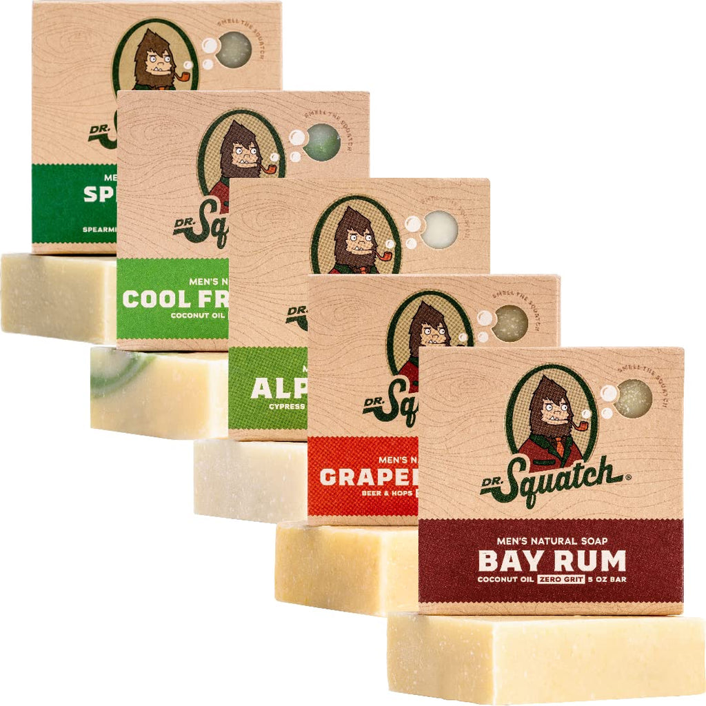 Buy now Dr. Squatch Natural Men’s Bar Soap - Cold Process Body Soap Bar with Natural Oils - Gifts for Men - Coconut Castaway, Wood Barrel Bourbon, Fresh Falls, Birchwood Breeze & Gold Moss (5 oz, 5-Pack) at indiglob india