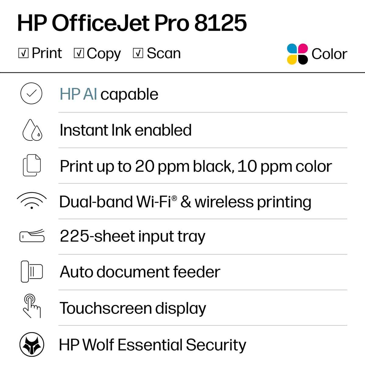 HP OfficeJet Pro 8125 Wireless All-in-One Color Inkjet Printer, Print, Scan, Copy, ADF, Duplex Printing Best-for-Home Office, 3 Month Trial of Instant Ink Included, AI-Capable (C2VJ4A)