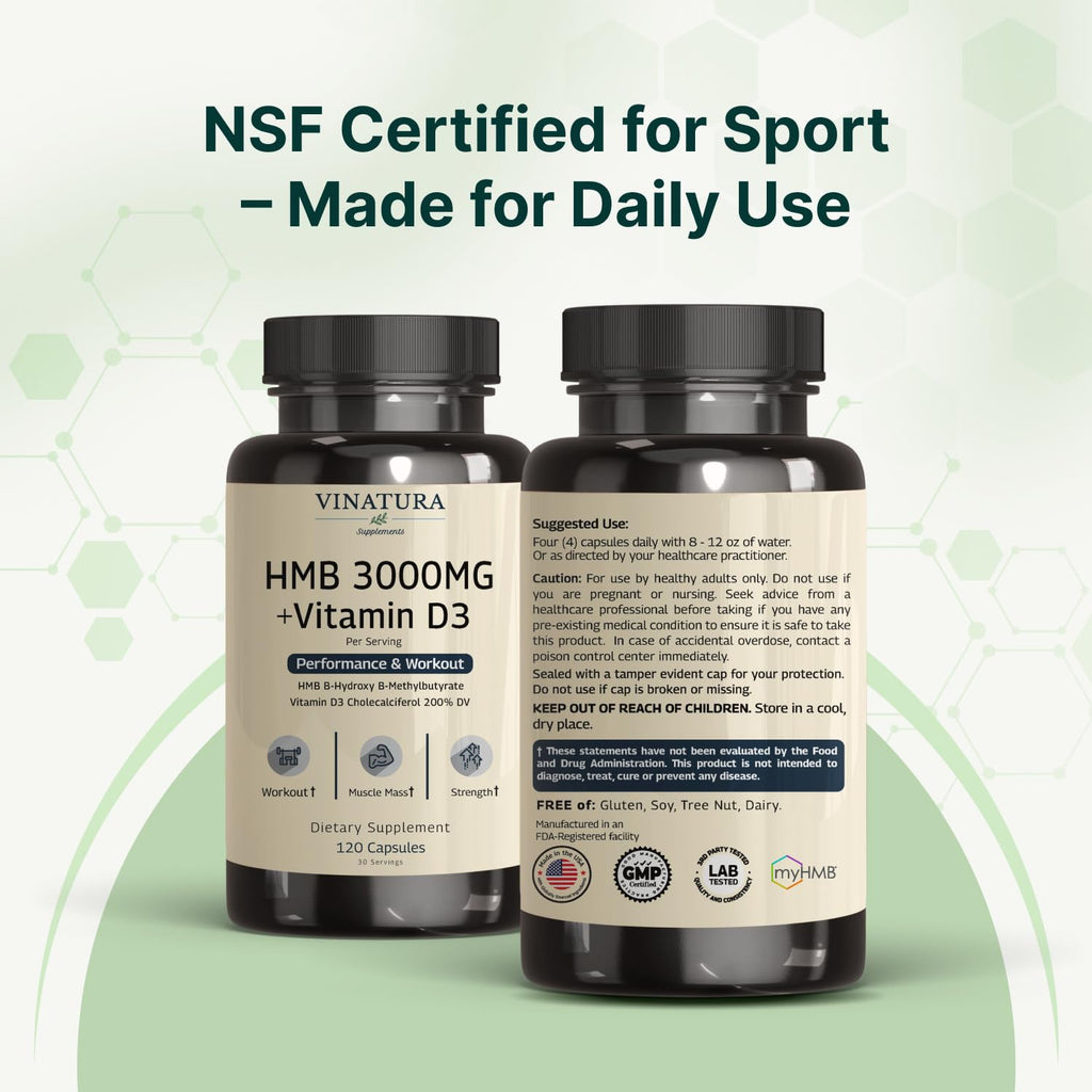 VINATURA HMB 3000mg and Vitamin D3 Supplement - Muscle Defense with HMB (Beta-Hydroxy Beta-Methylbutyrate), Vitamin D3 (1600 IU), Labs Tested & NSF Certified for Sport - 120 Capsules