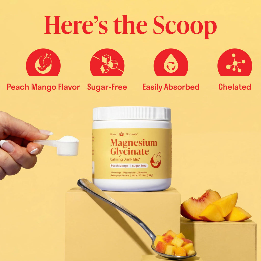 Magnesium Glycinate Powder + L Theanine, 60 Servings, 300mg, Peach Mango | Support Restful Sleep & Relaxation, Sugar-Free High Absorption Magnesium Powder, Calming Drink Mix, Chelated Magnesium Powder