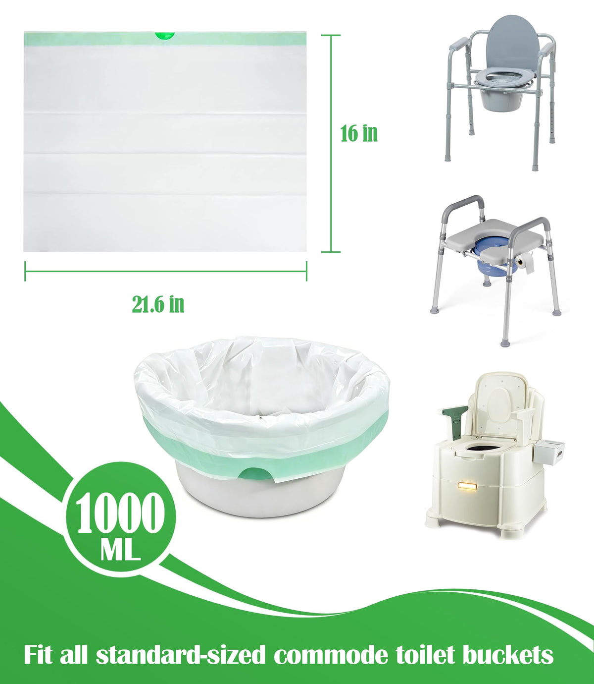 Bedside Commode Liners, Disposable Commode Bags with Drawstring 50 Pack