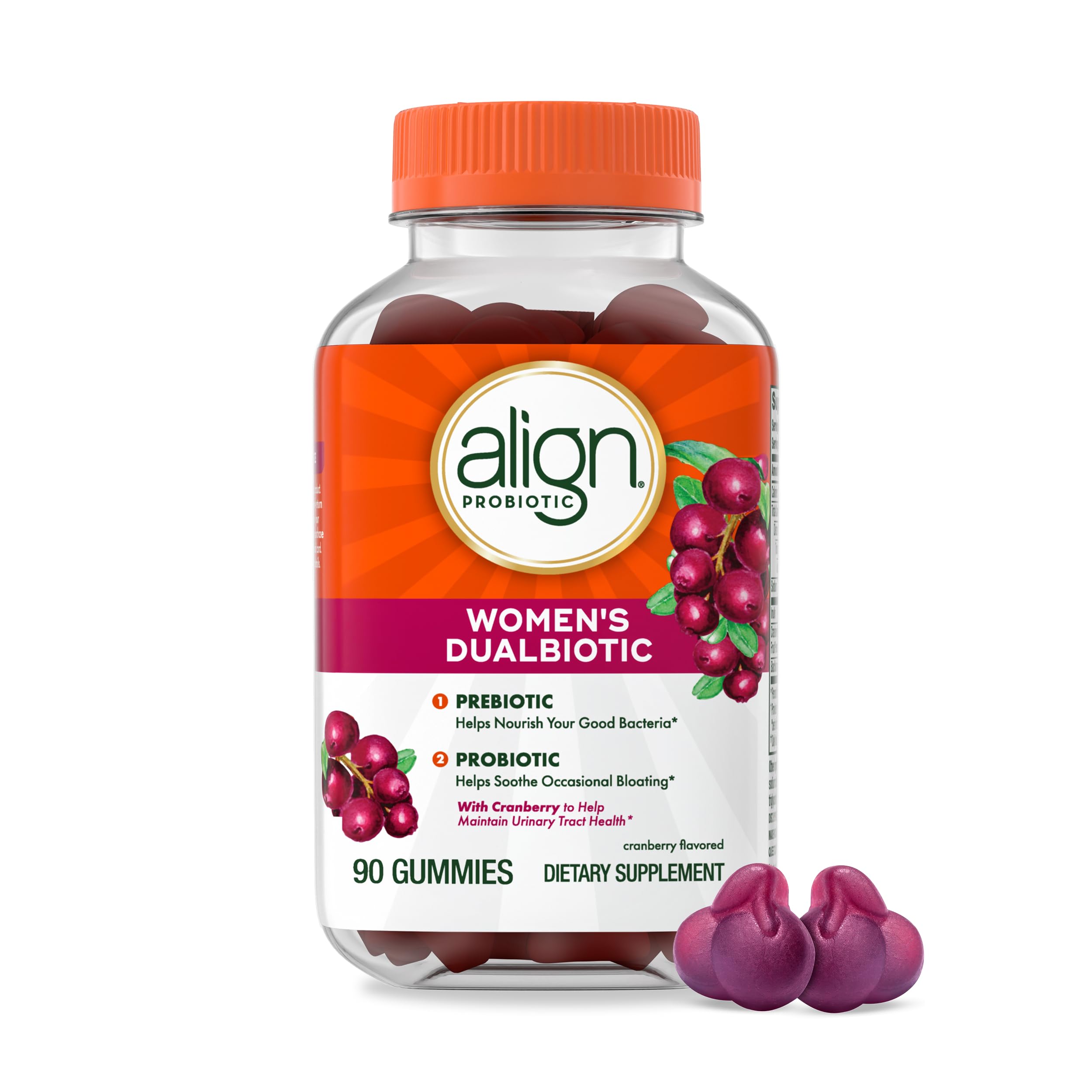 Align Probiotic, Women's Dualbiotic, Womens Probiotic Gummies, Prebiotics and Probiotics for Women, with Cranberry for Urinary Tract Health*, Cranberry Flavor, 90 Gummies