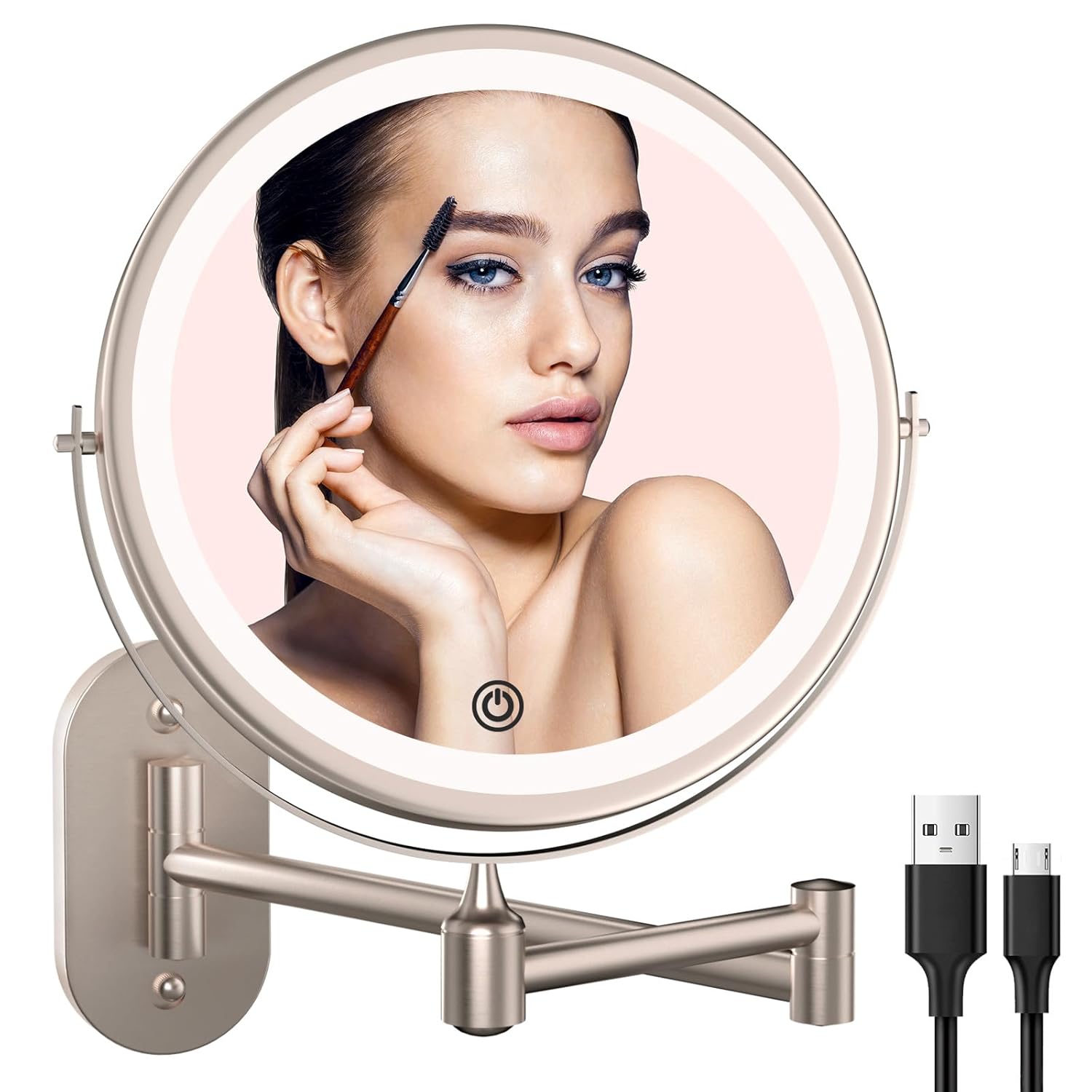Buy now Rechargeable Wall Mounted Lighted Makeup Vanity Mirror 8 inch 1X/10X Magnifying Bathroom Mirror with 3 Color Lights, Double Sided with Dimmable LED Lights, Extended Arm 360Â° Swivel Extension Mirror Brushed Nickel at indiglob india