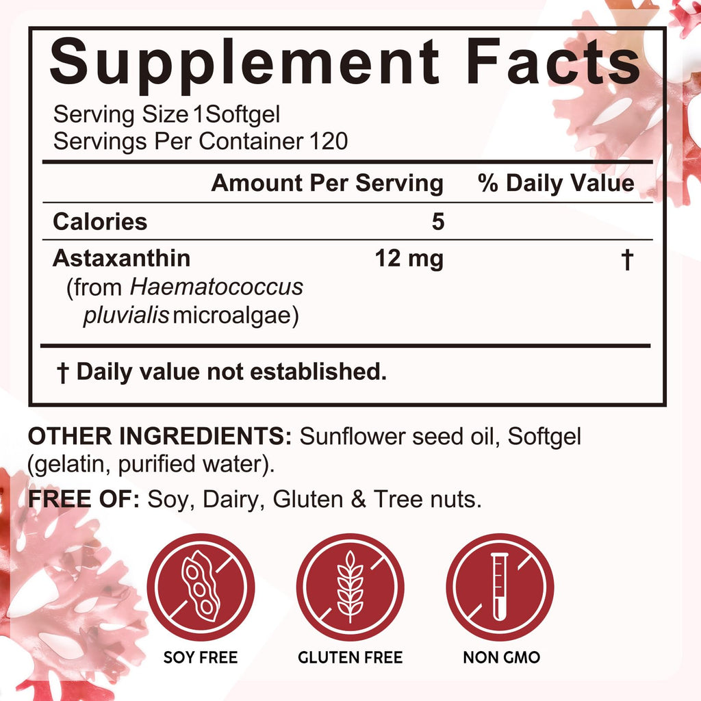 Premium Astaxanthin 12mg,120 Softgels | Natural Antioxidant Supplement for Eye, Joint, Skin Health,Microalgae Source | 4 Month Supply | Supports Internal Circulation & Natural Tanning,Non-GMO