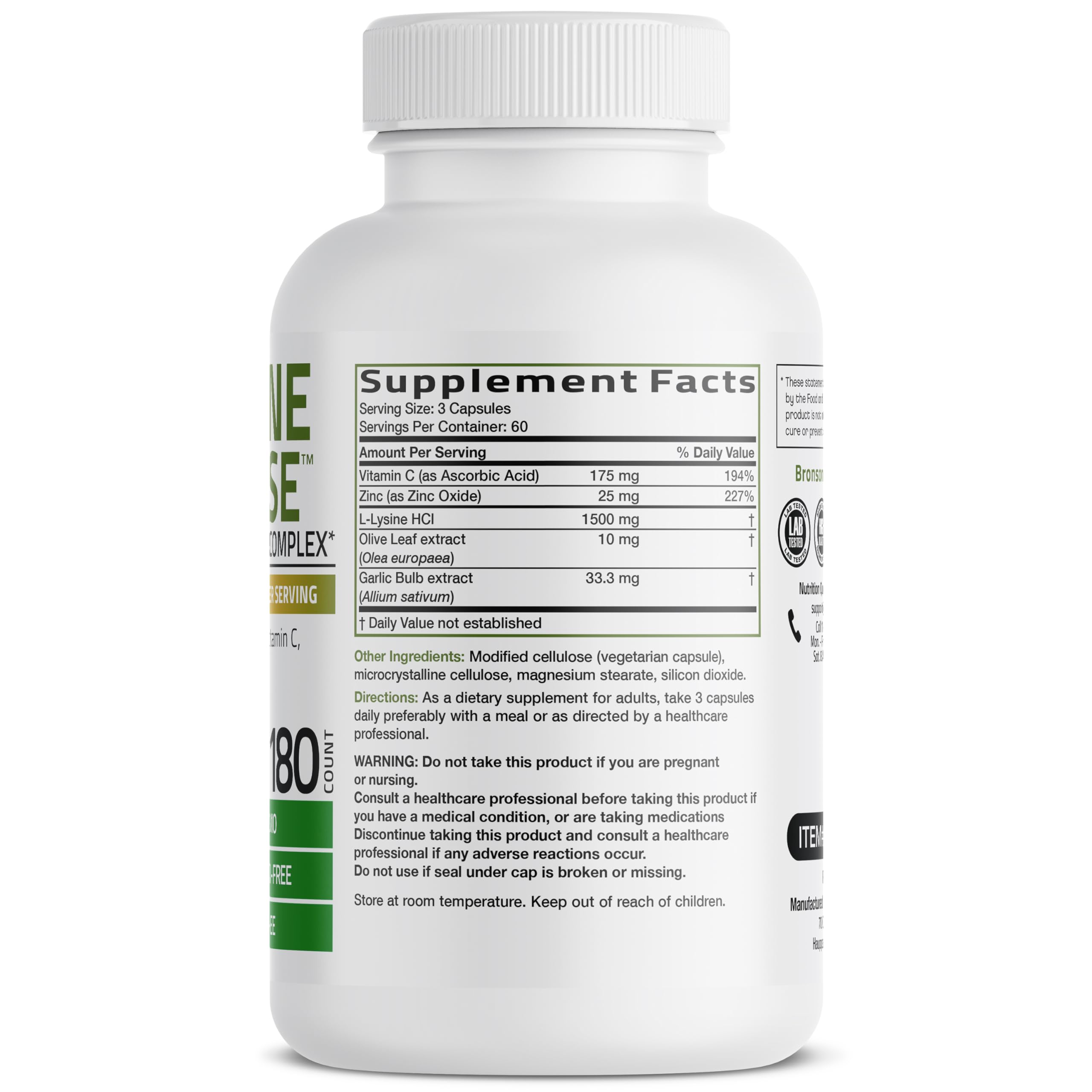 Bronson L-Lysine Defense Immune Support Complex, 1500 mg, 180 Capsules | Essential Amino Acid with Olive Leaf, Garlic, Vitamin C & Zinc, Vegetarian, Non-GMO, Gluten-Free & Soy-Free