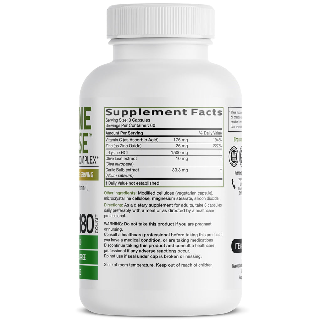Bronson L-Lysine Defense Immune Support Complex, 1500 mg, 180 Capsules | Essential Amino Acid with Olive Leaf, Garlic, Vitamin C & Zinc, Vegetarian, Non-GMO, Gluten-Free & Soy-Free