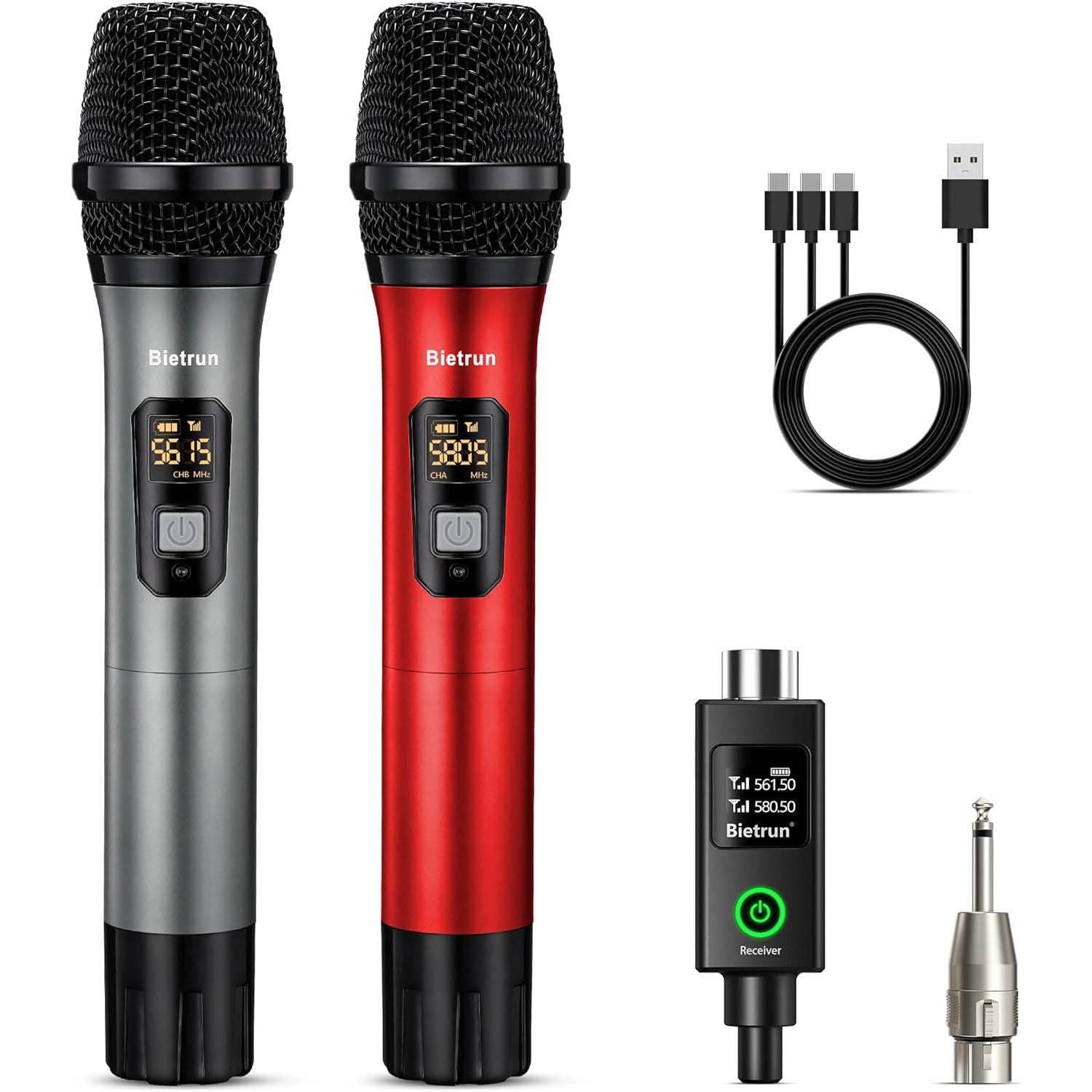 Buy now Bietrun Wireless Microphone, Professional UHF Metal Dual Handheld Cordless Dynamic Mic System Set with Rechargeable Receiver, 1/4‘’Output, Plug and Play, Instrument-Wireless-Mics for Karaoke, Wedding Grey Red with receiver at indiglob india