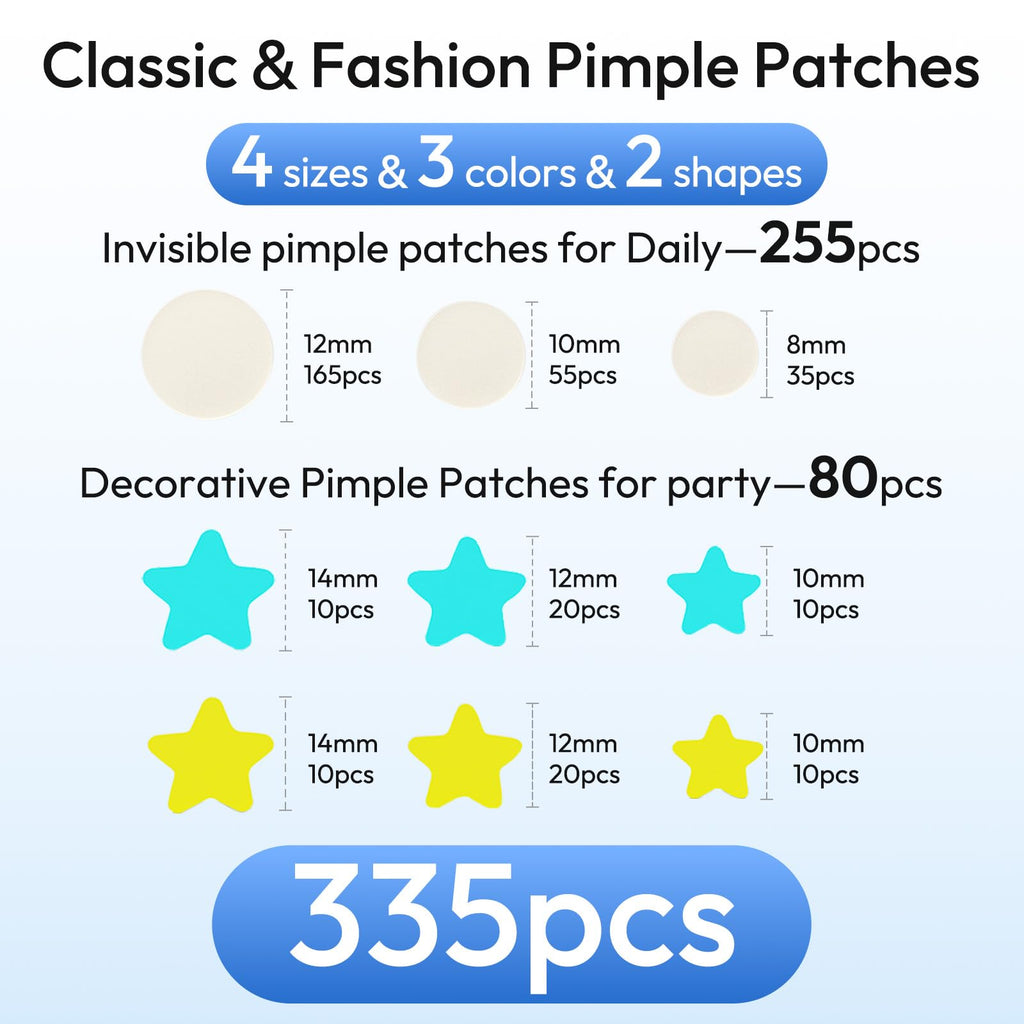 Pimple Patches for Face 335 Patches-255 Round & 80 Star Cute Coloful Acne Patches,Hydrocolloid Pimple Patch Colorful Spot Stickers w/Tea Tree, Salicylic Acid & Cica Oil| Classic & Fashion Zit Covers