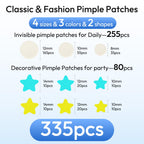 Pimple Patches for Face 335 Patches-255 Round & 80 Star Cute Coloful Acne Patches,Hydrocolloid Pimple Patch Colorful Spot Stickers w/Tea Tree, Salicylic Acid & Cica Oil| Classic & Fashion Zit Covers