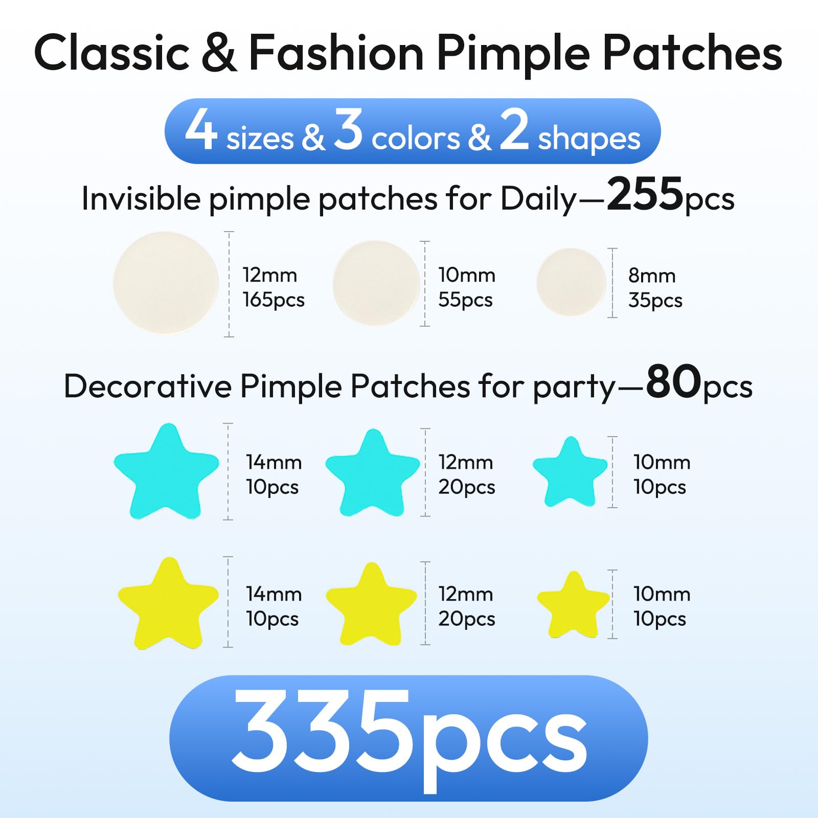 Pimple Patches for Face 335 Patches-255 Round & 80 Star Cute Coloful Acne Patches,Hydrocolloid Pimple Patch Colorful Spot Stickers w/Tea Tree, Salicylic Acid & Cica Oil| Classic & Fashion Zit Covers