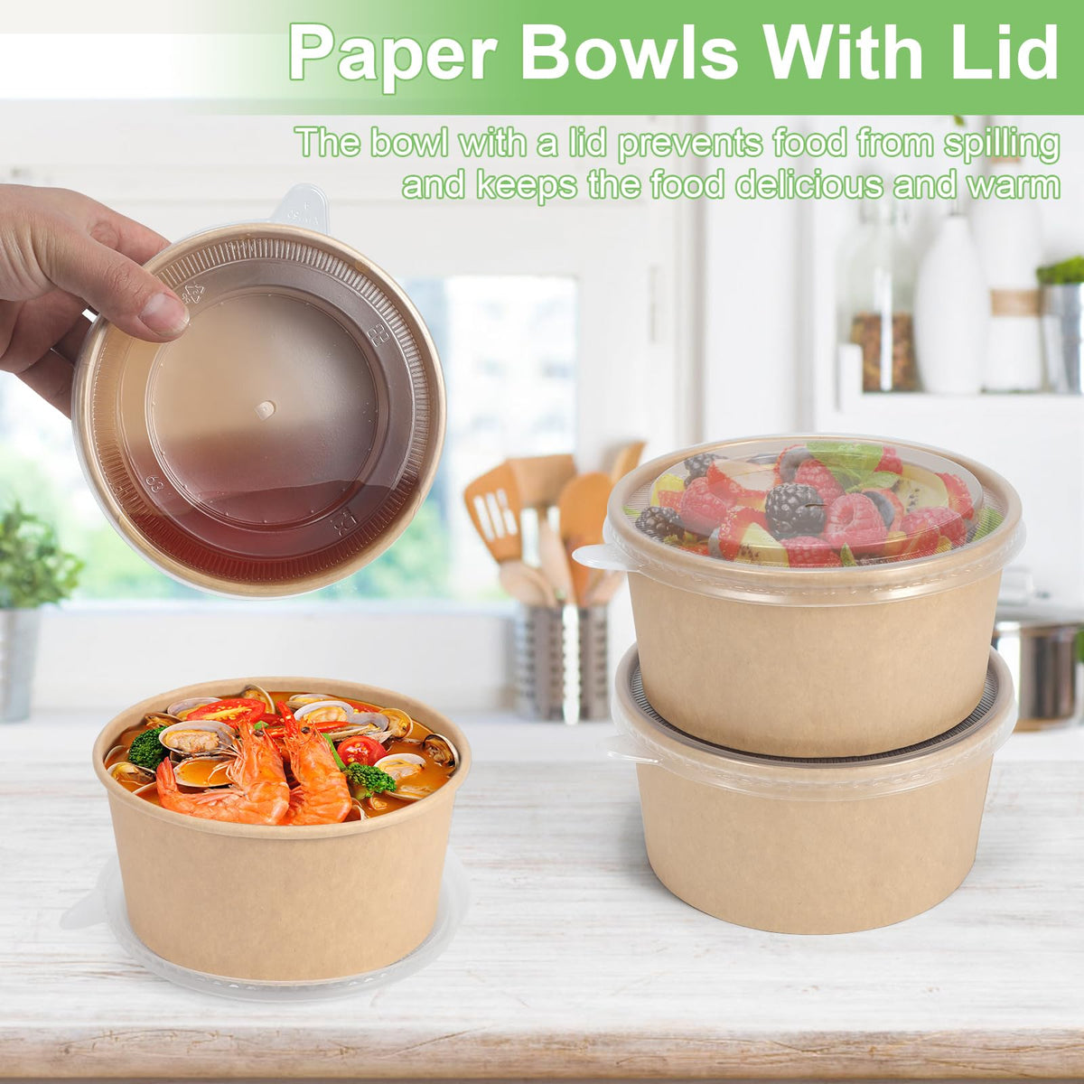 50 Pcs 32 Oz disposable meal prep containers，paper bowls with lids，disposable soup bowls，soup bowls disposable hot/cold，disposable salad bowls with lids，