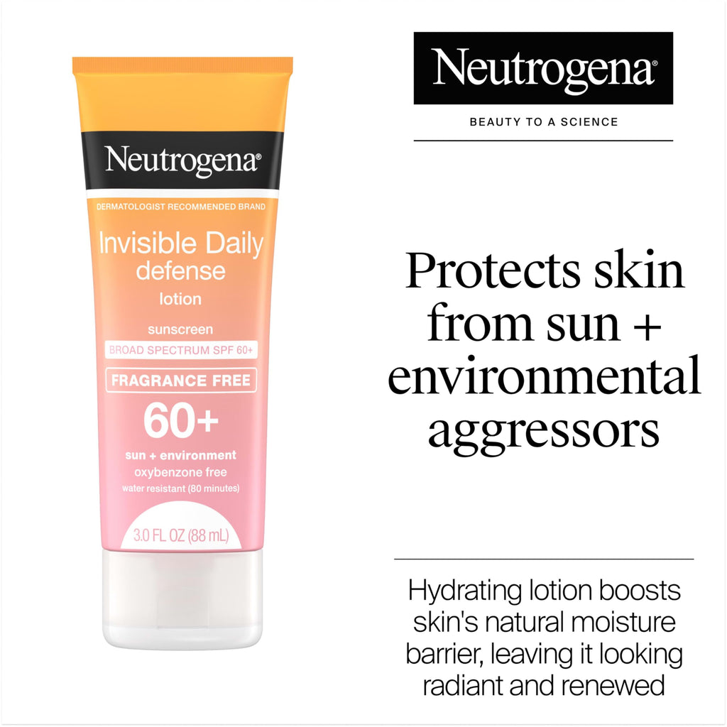 Buy now Neutrogena Invisible Daily Defense Fragrance-Free Sunscreen Lotion, Broad Spectrum SPF 60+, Oxybenzone-Free & Water-Resistant, Sun & Environmental Aggressor Protection, 3.0 fl. oz at indiglob india