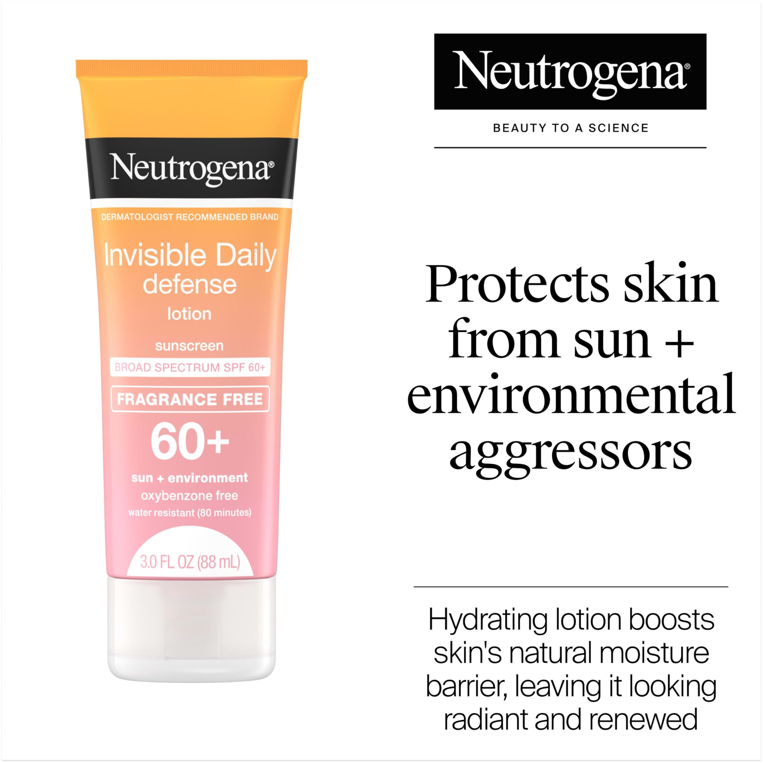 Buy now Neutrogena Invisible Daily Defense Fragrance-Free Sunscreen Lotion, Broad Spectrum SPF 60+, Oxybenzone-Free & Water-Resistant, Sun & Environmental Aggressor Protection, 3.0 fl. oz at indiglob india